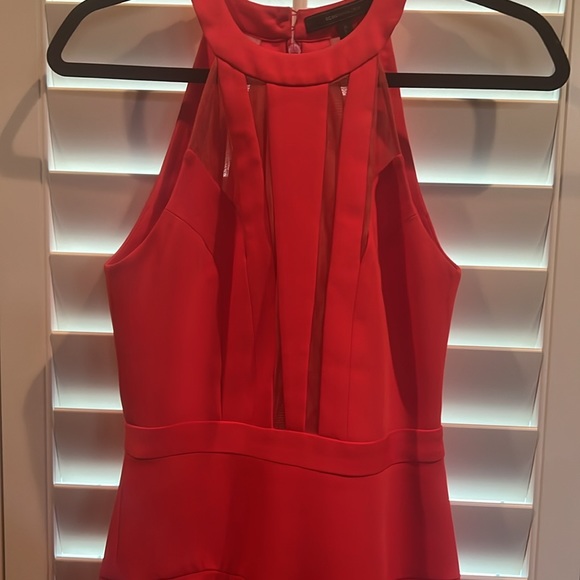 Orange/red short dress, accented darts flowing into a cinched waist band. - Picture 3 of 3